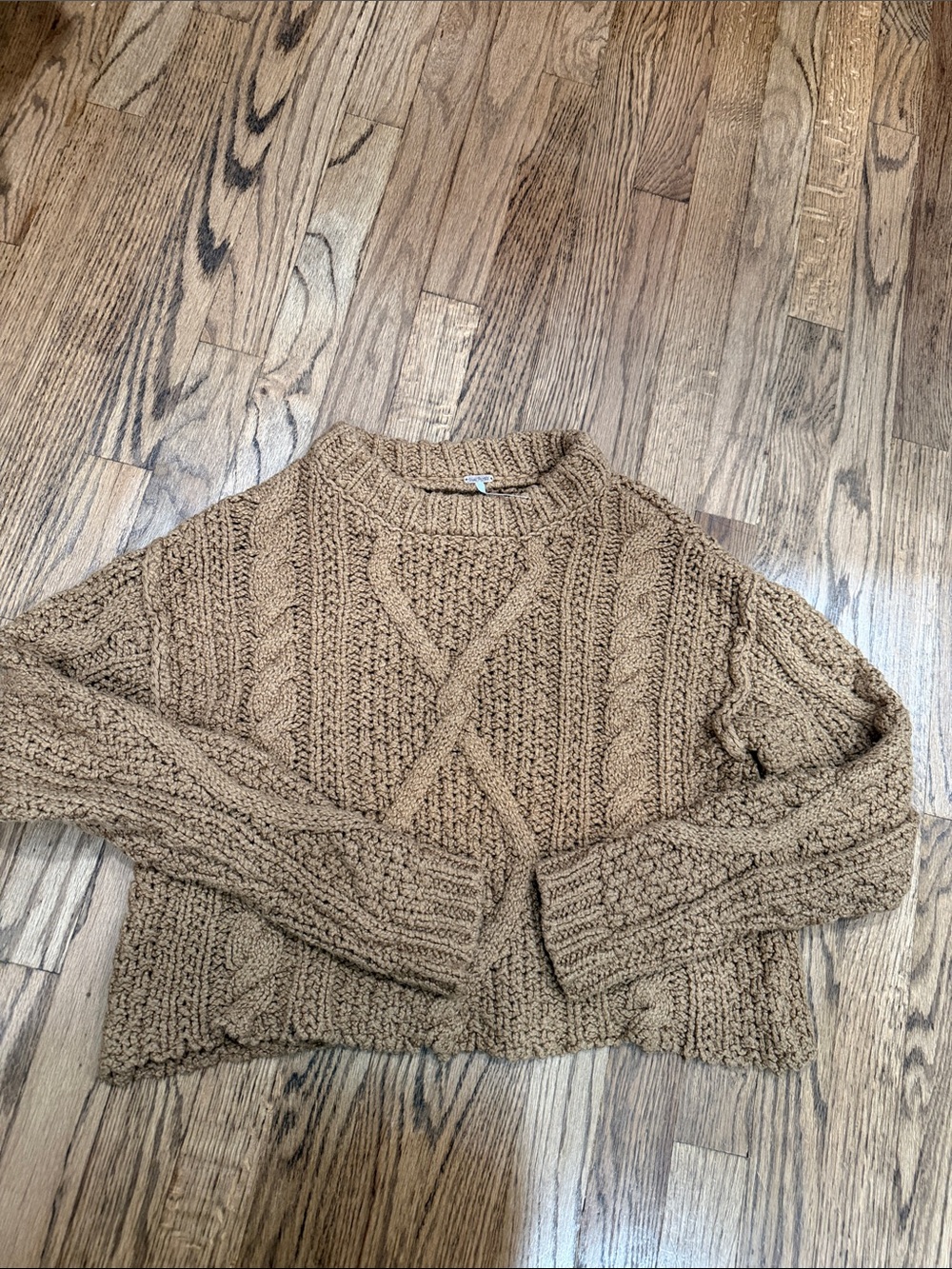Free People Cropped Chunky Cable Knit Sweater - Caramel Brown XS